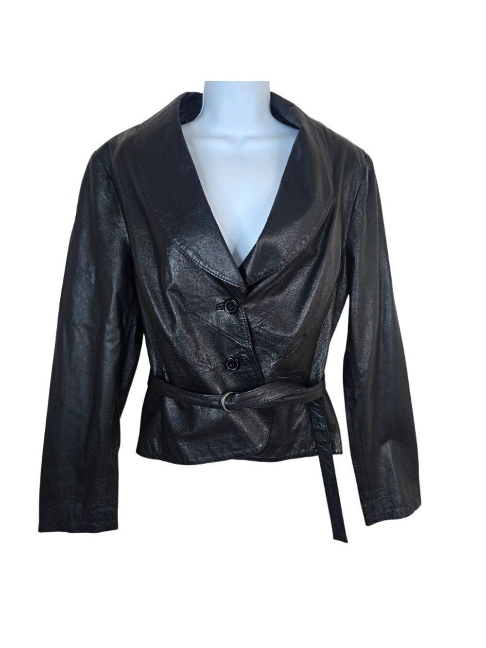 Black Leather Jacket Belted Clothes By Revue Womens Size L